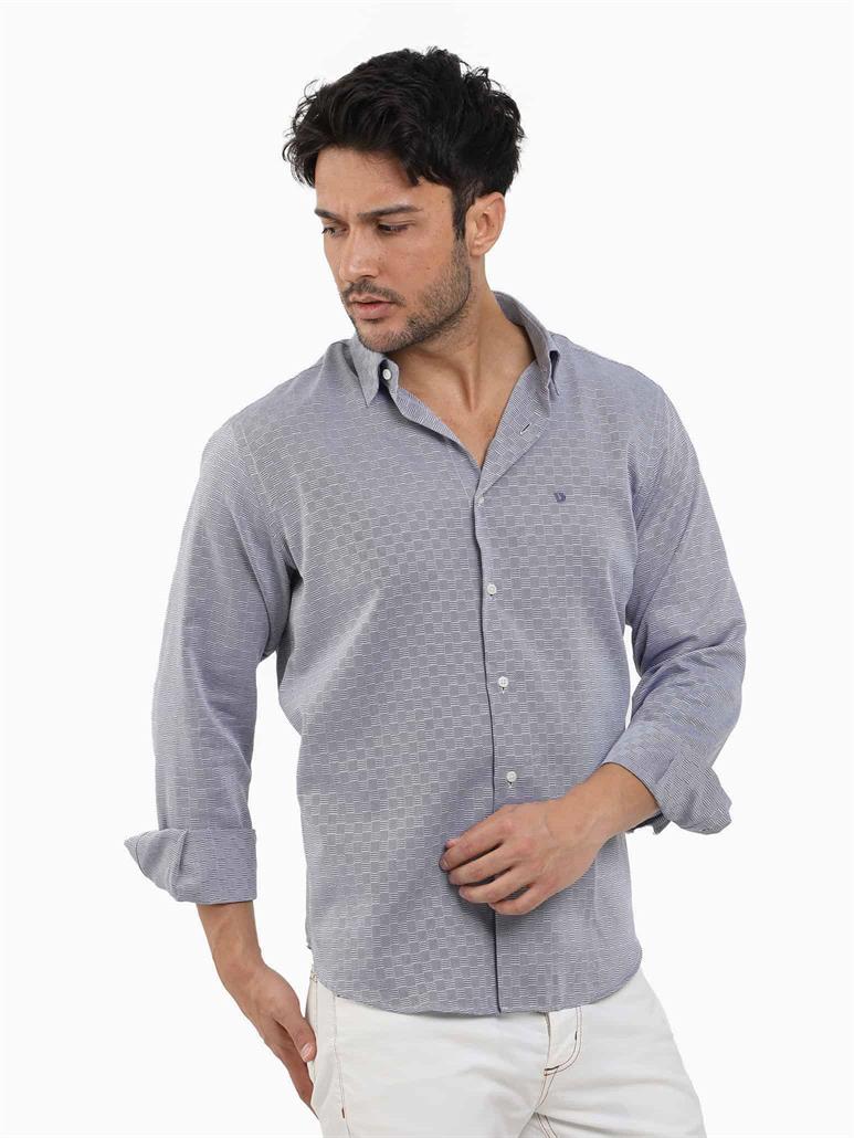 Lacivert Erkek Regular Fit Armürlü Düğmeli Yaka Uzun Kol Gömlek 