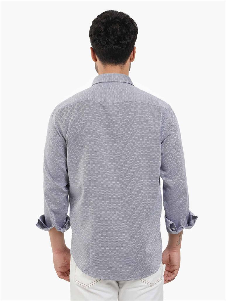 Lacivert Erkek Regular Fit Armürlü Düğmeli Yaka Uzun Kol Gömlek 