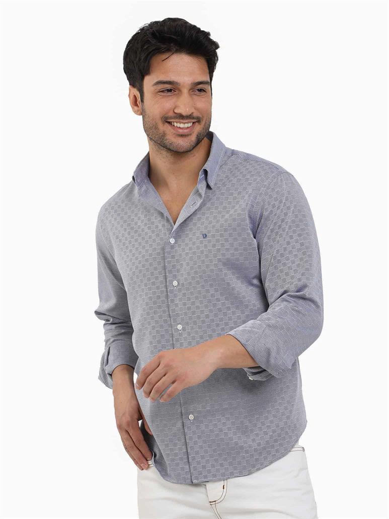 Lacivert Erkek Regular Fit Armürlü Düğmeli Yaka Uzun Kol Gömlek 