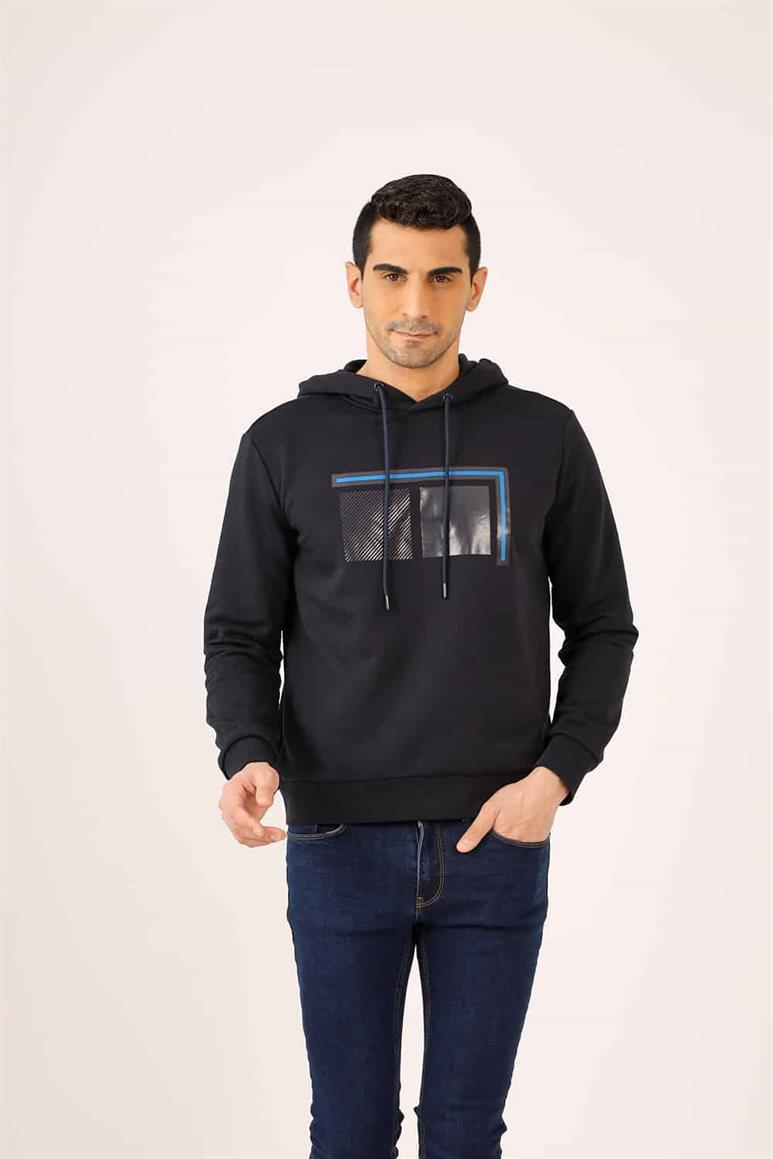 Lacivert Erkek Regular Fit Baskılı  Kapüşonlu Sweatshirt 