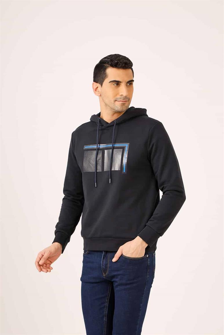 Lacivert Erkek Regular Fit Baskılı  Kapüşonlu Sweatshirt 