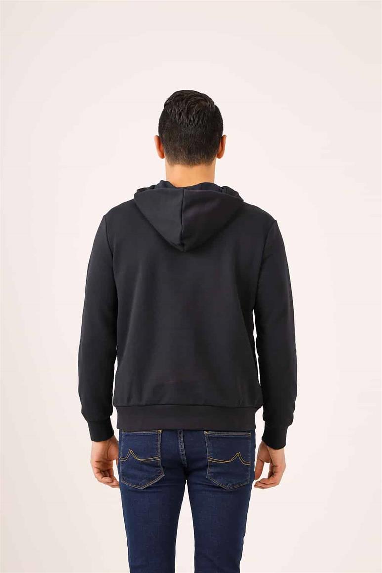 Lacivert Erkek Regular Fit Baskılı  Kapüşonlu Sweatshirt 