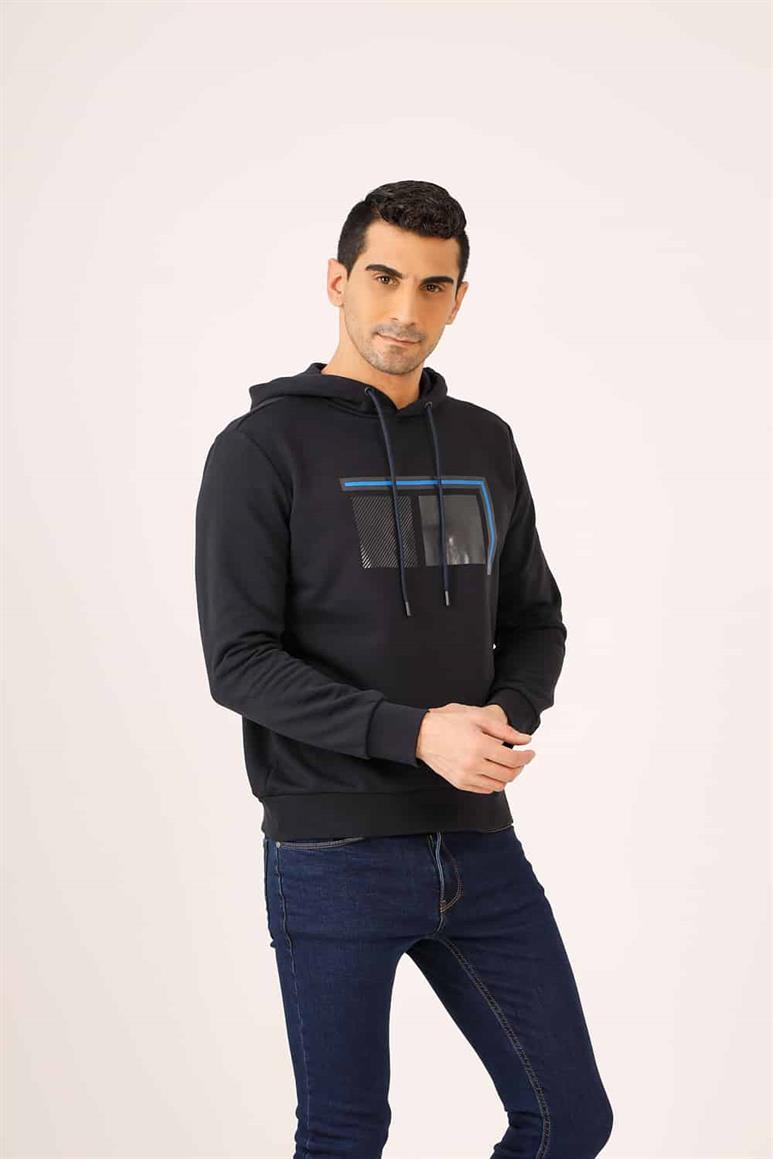 Lacivert Erkek Regular Fit Baskılı  Kapüşonlu Sweatshirt 