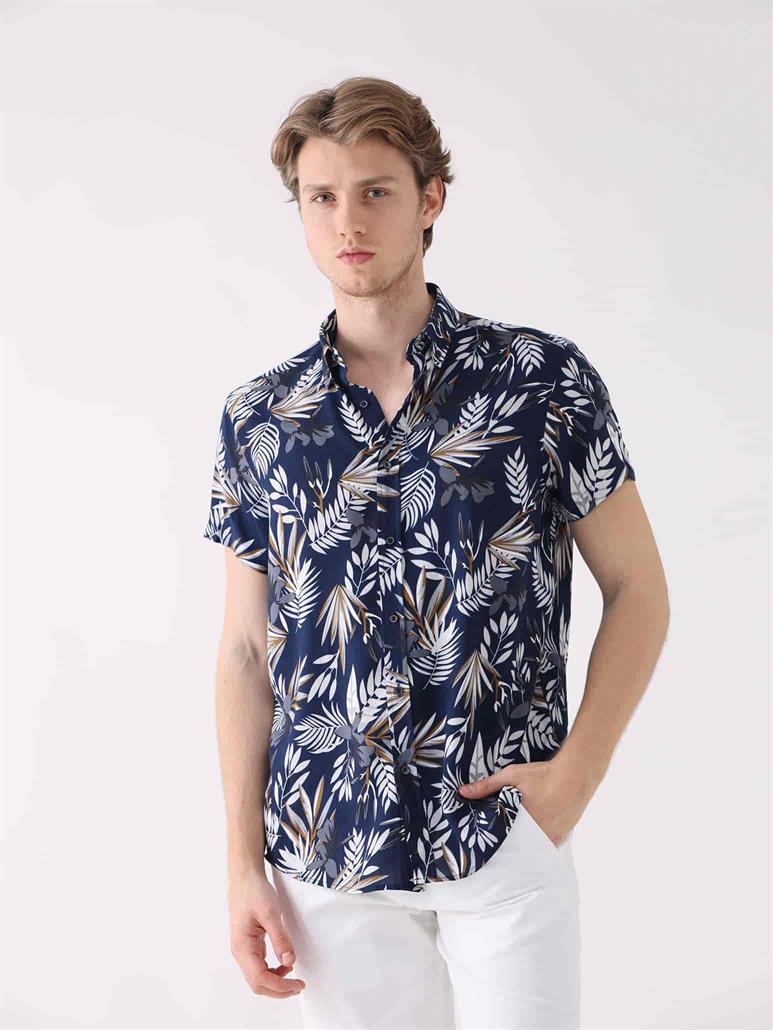 Lacivert Erkek Regular Fit Çiçek Desenli Brent Düğmeli Yaka Kısa Kol Gömlek 