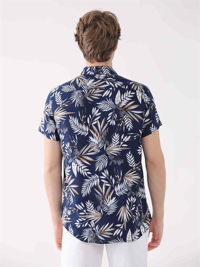 Lacivert Erkek Regular Fit Çiçek Desenli Brent Düğmeli Yaka Kısa Kol Gömlek 