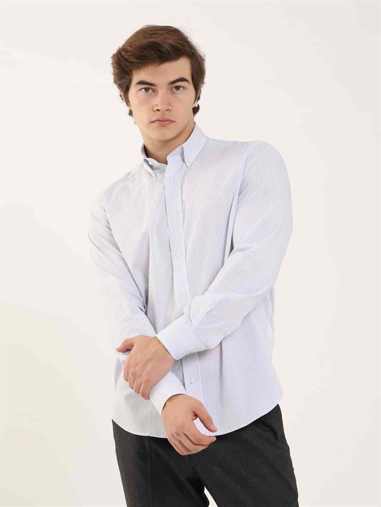 Lacivert Erkek Regular Fit Çizgili Düğmeli Yaka Uzun Kol Gömlek 