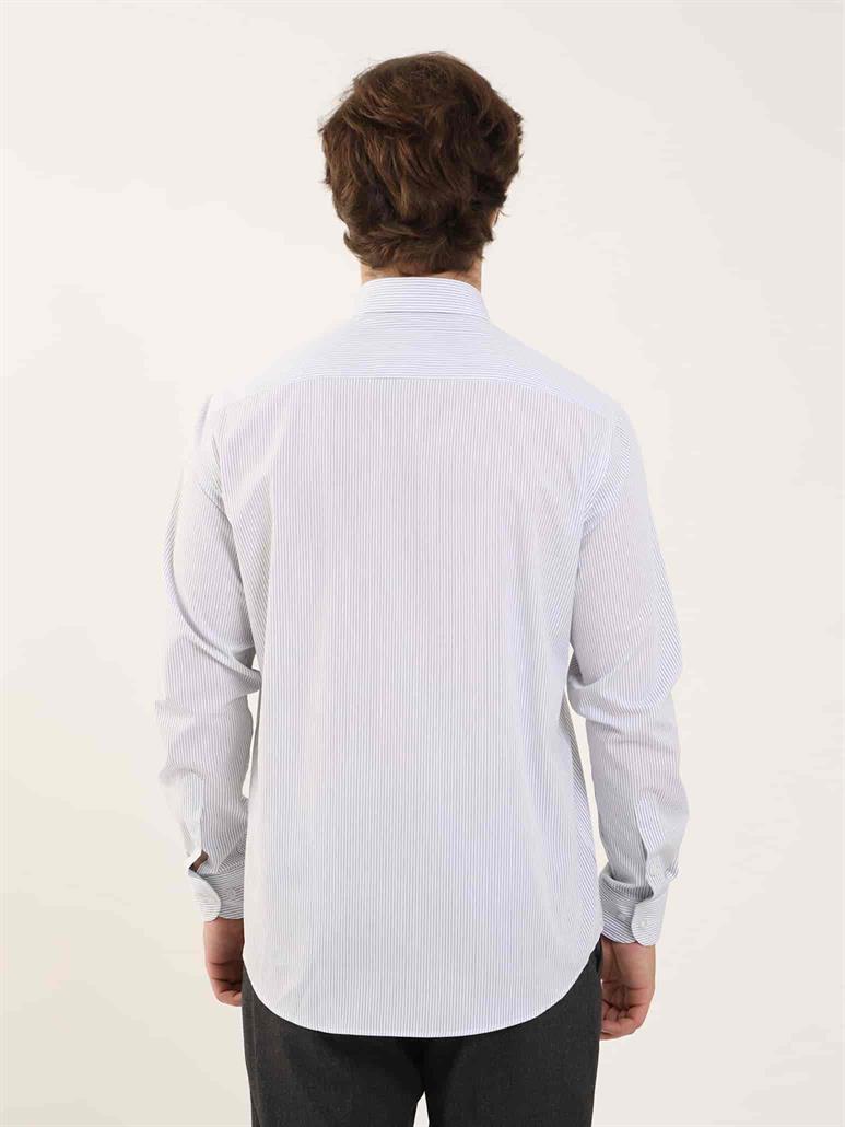 Lacivert Erkek Regular Fit Çizgili Düğmeli Yaka Uzun Kol Gömlek 