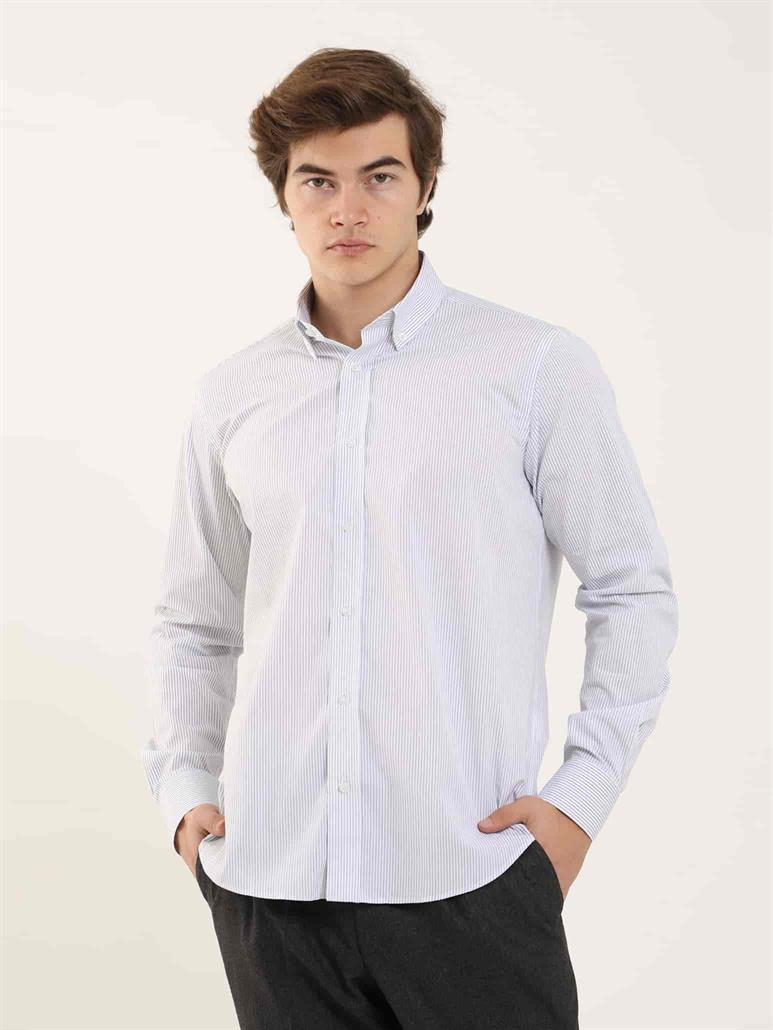 Lacivert Erkek Regular Fit Çizgili Düğmeli Yaka Uzun Kol Gömlek 