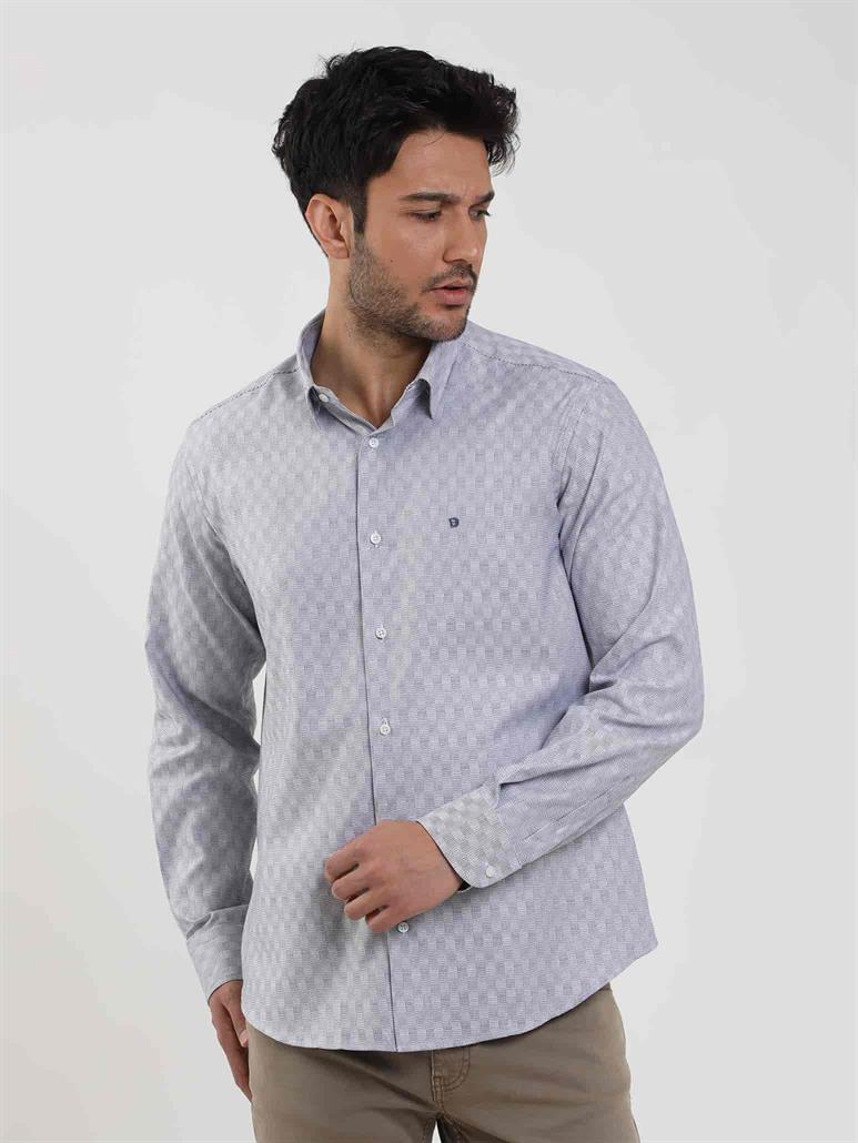 Lacivert Erkek Regular Fit Desenli Düğmeli Yaka Uzun Kol Gömlek 