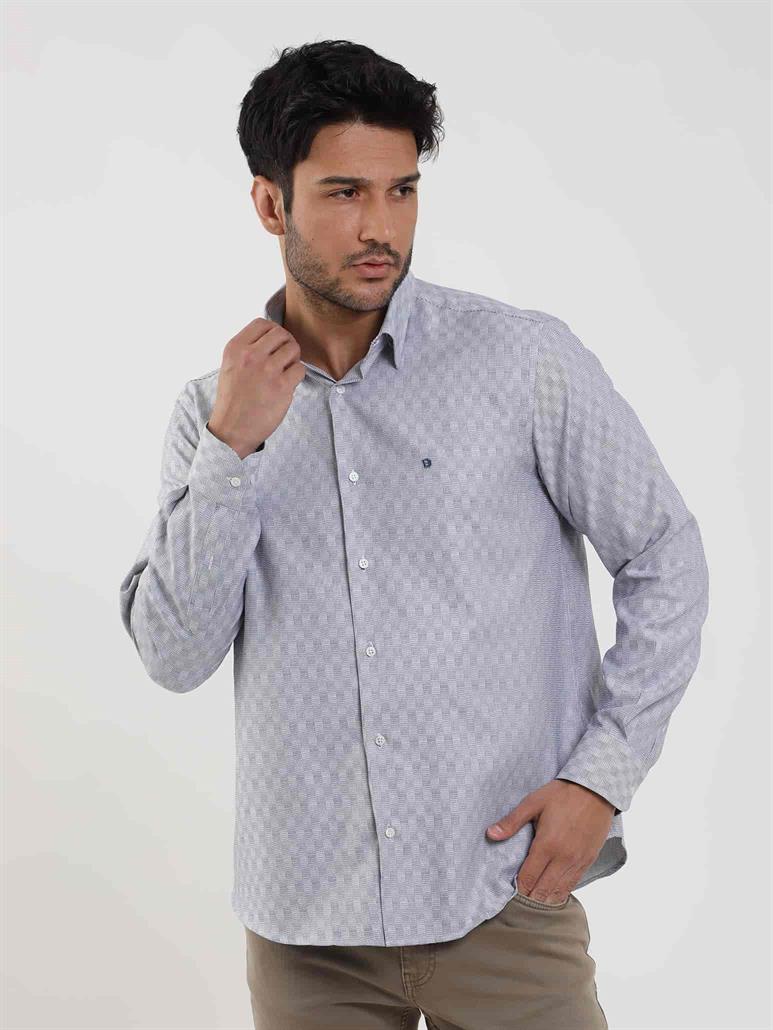 Lacivert Erkek Regular Fit Desenli Düğmeli Yaka Uzun Kol Gömlek 