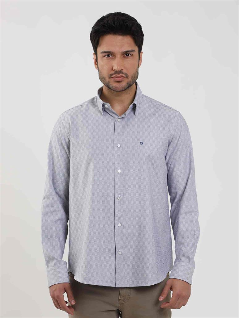 Lacivert Erkek Regular Fit Desenli Düğmeli Yaka Uzun Kol Gömlek 
