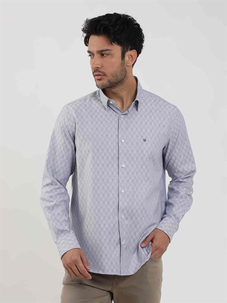 Lacivert Erkek Regular Fit Desenli Düğmeli Yaka Uzun Kol Gömlek 