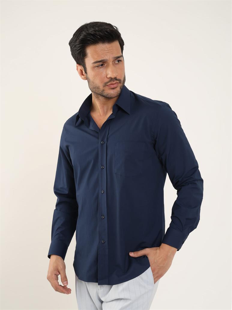 Lacivert Erkek Regular Fit Düz Brent Yaka Uzun Kol Gömlek 