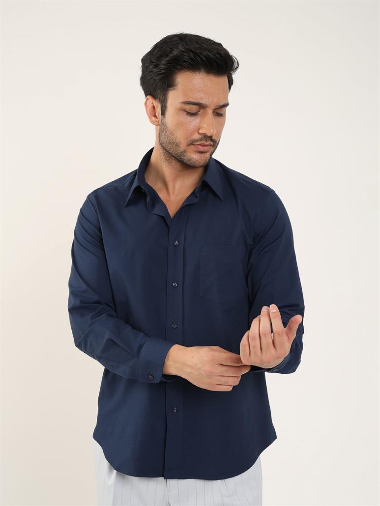 Lacivert Erkek Regular Fit Düz Brent Yaka Uzun Kol Gömlek 
