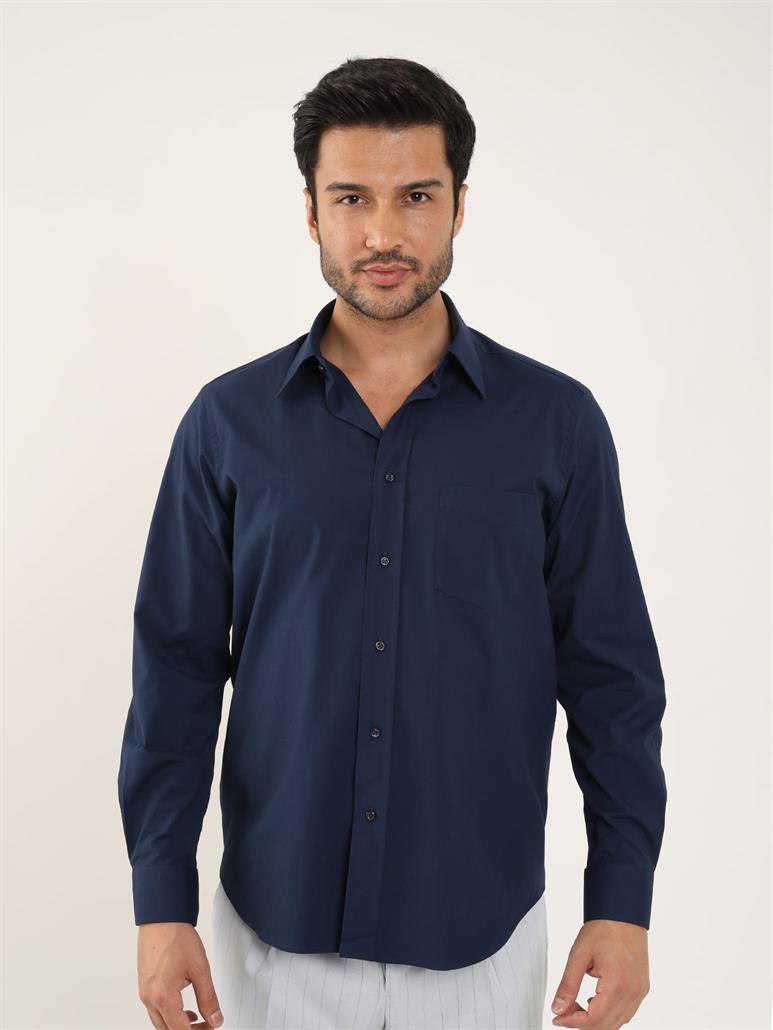 Lacivert Erkek Regular Fit Düz Brent Yaka Uzun Kol Gömlek 