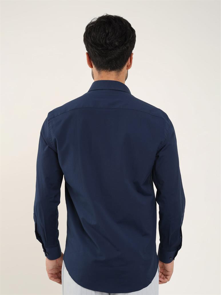 Lacivert Erkek Regular Fit Düz Brent Yaka Uzun Kol Gömlek 