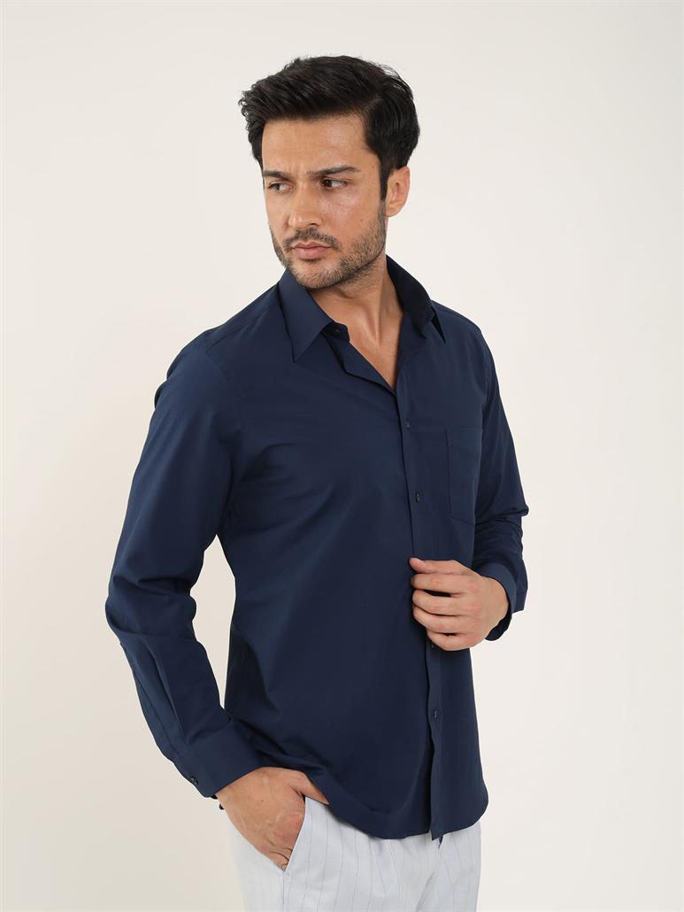 Lacivert Erkek Regular Fit Düz Brent Yaka Uzun Kol Gömlek 