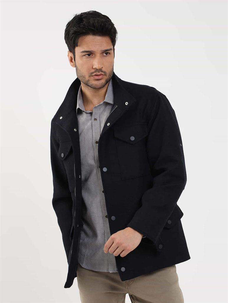 Lacivert Erkek Regular Fit Düz Casual Dik Yaka Mont 