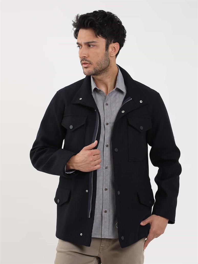 Lacivert Erkek Regular Fit Düz Casual Dik Yaka Mont 