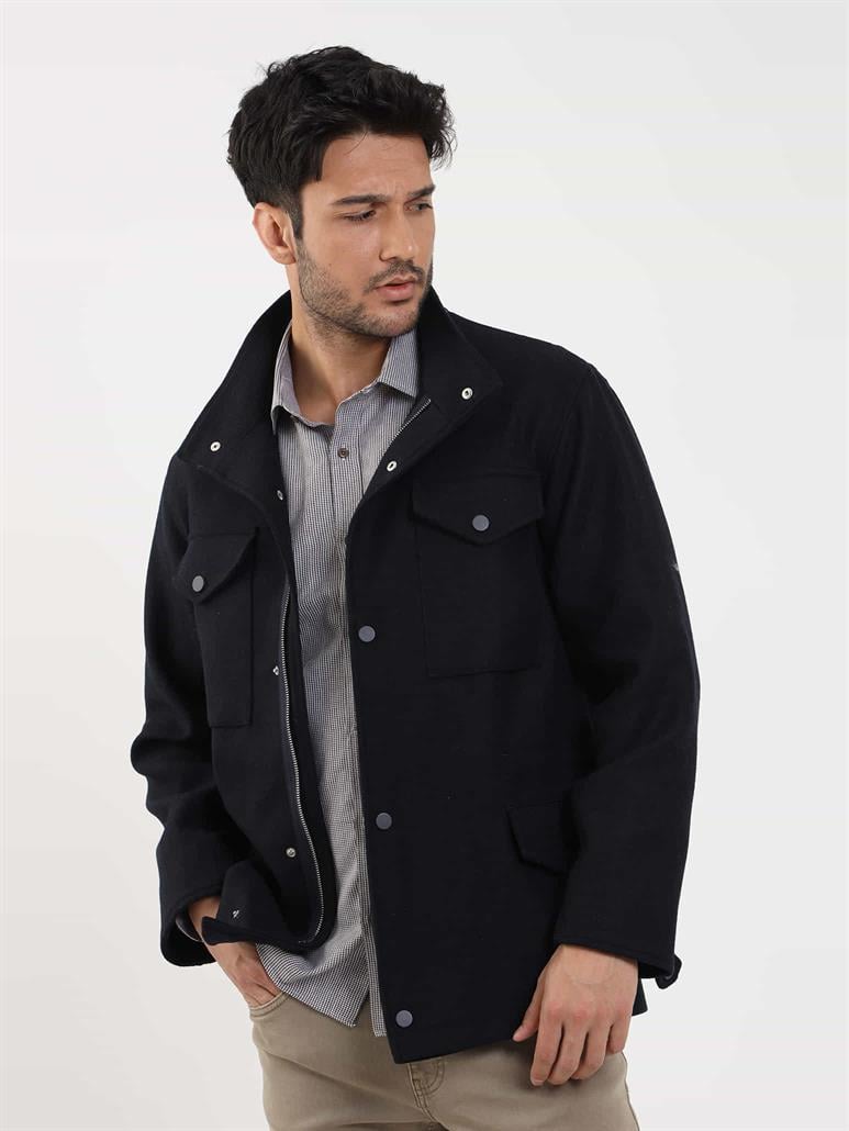 Lacivert Erkek Regular Fit Düz Casual Dik Yaka Mont 