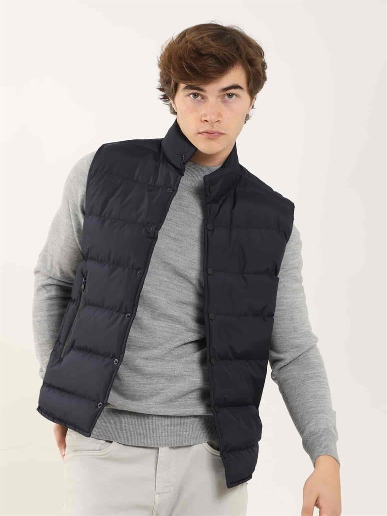 Lacivert Erkek Regular Fit Düz Dik Yaka Şişme Yelek 