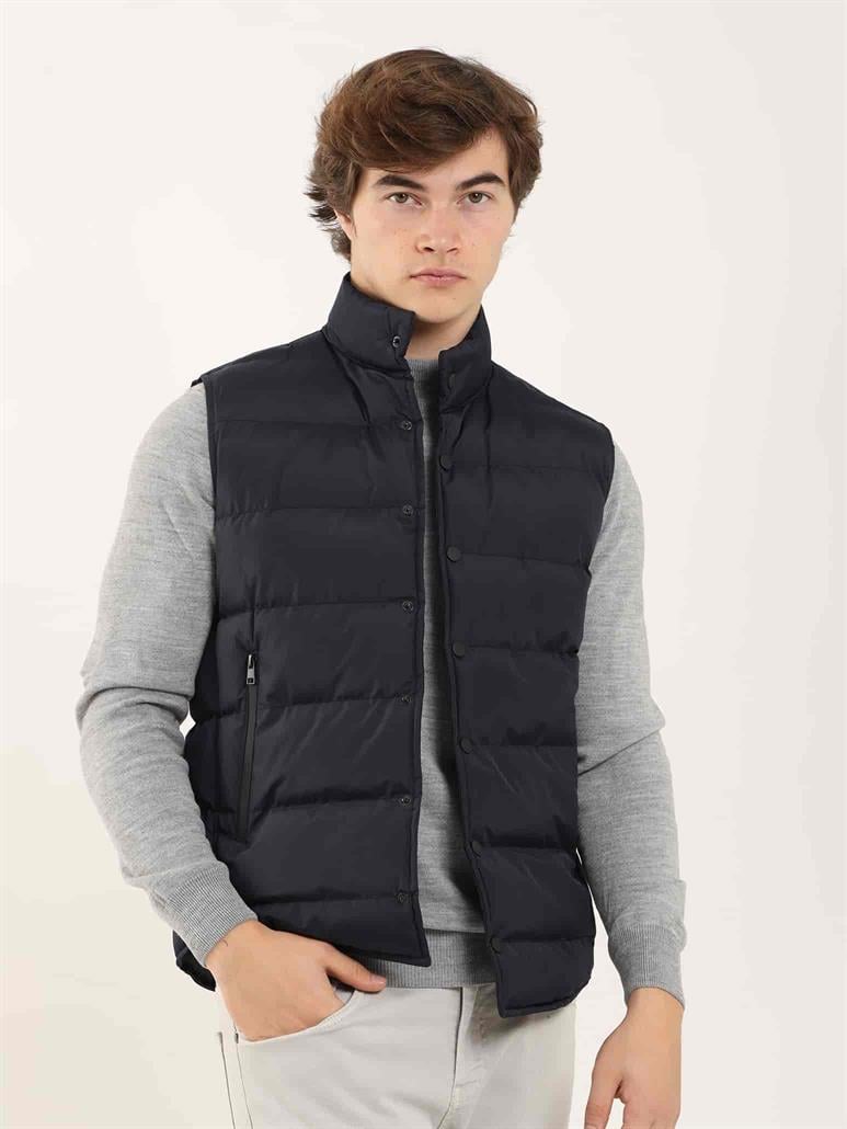 Lacivert Erkek Regular Fit Düz Dik Yaka Şişme Yelek 