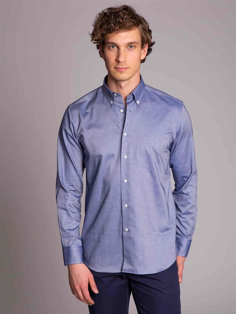Lacivert Erkek Regular Fit Düz Düğmeli Yaka Uzun Kol Gömlek 