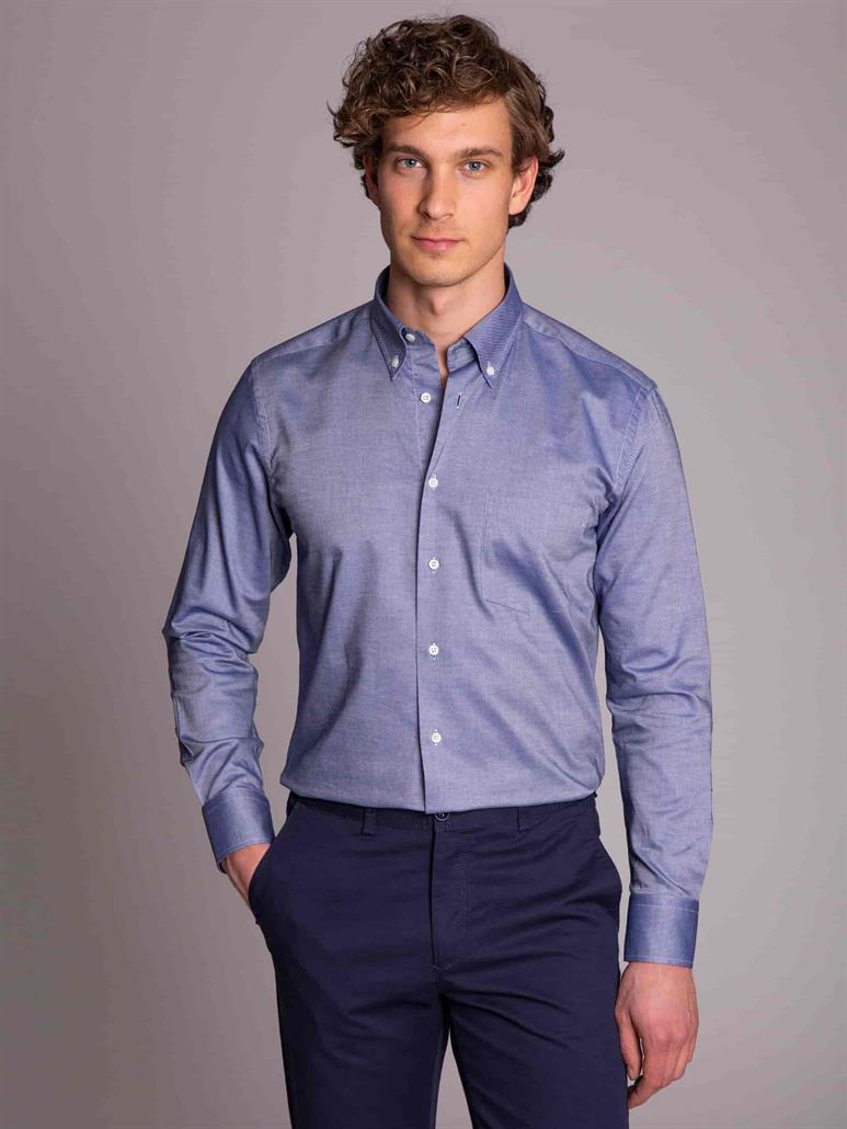 Lacivert Erkek Regular Fit Düz Düğmeli Yaka Uzun Kol Gömlek 