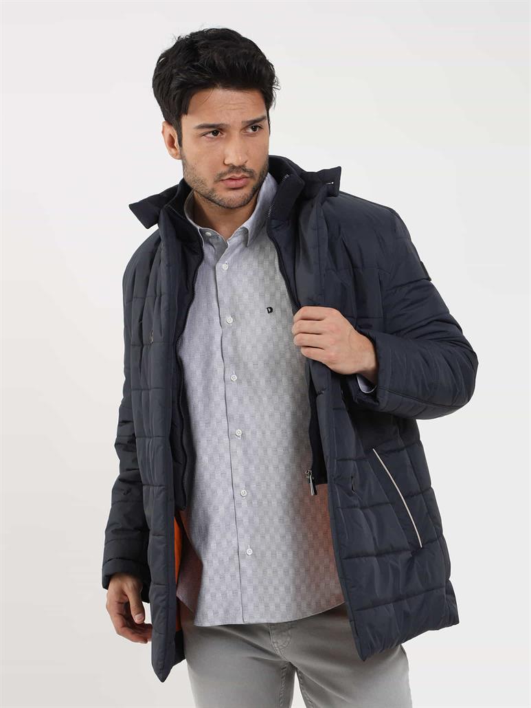 Lacivert Erkek Regular Fit Düz Kapüşonlu Şişme Mont 