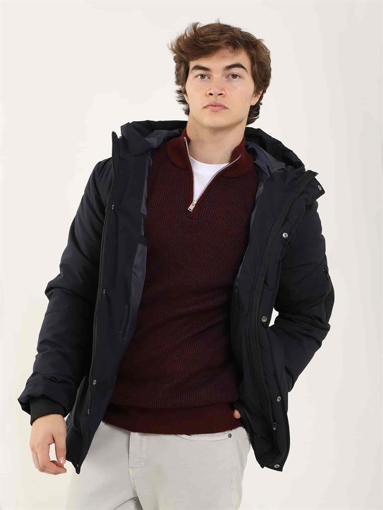 Lacivert Erkek Regular Fit Düz  Kapüşonlu Mont 