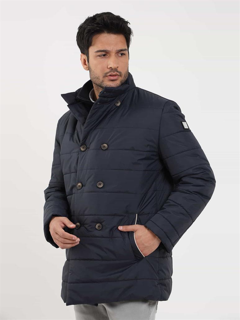 Lacivert Erkek Regular Fit Düz Kapüşonlu Şişme Mont 