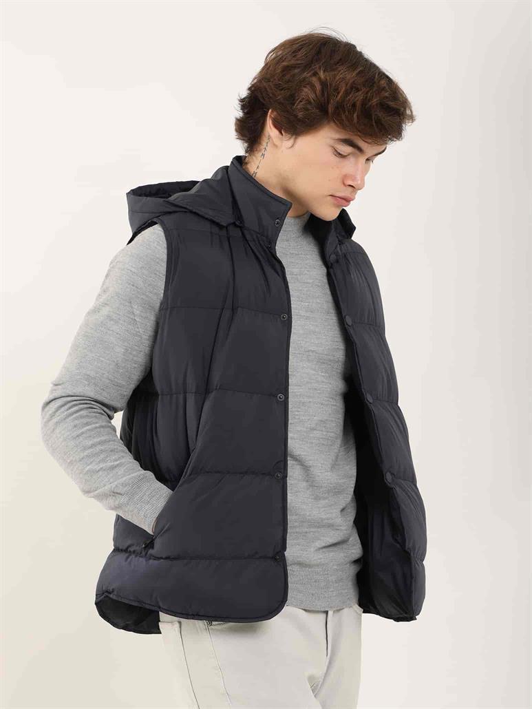 Lacivert Erkek Regular Fit Düz Kapüşolu Yelek Mont 