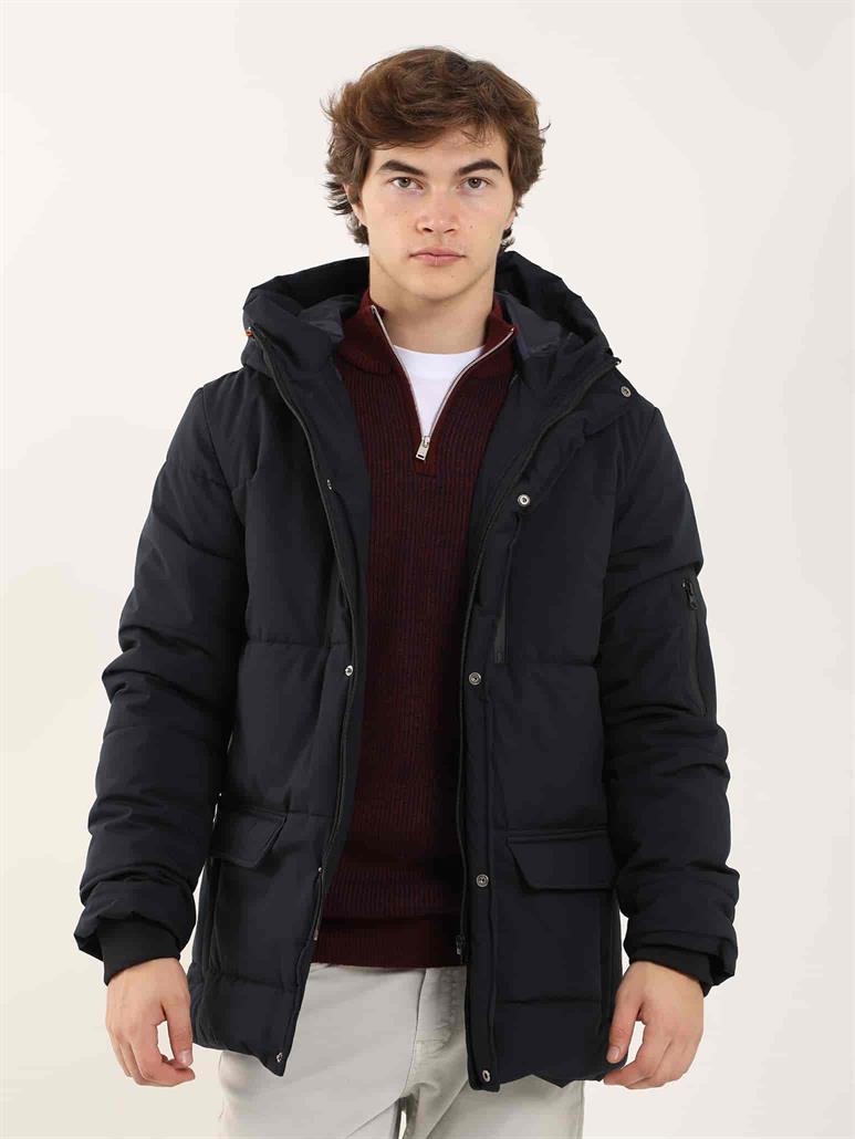Lacivert Erkek Regular Fit Düz  Kapüşonlu Mont 