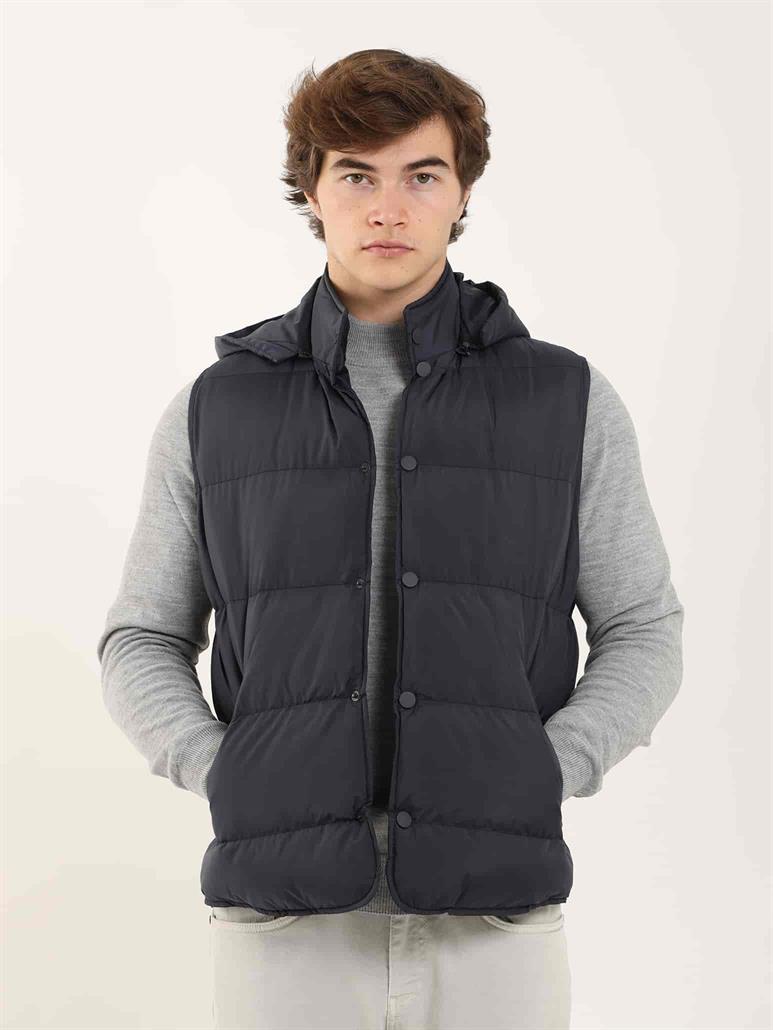 Lacivert Erkek Regular Fit Düz Kapüşolu Yelek Mont 