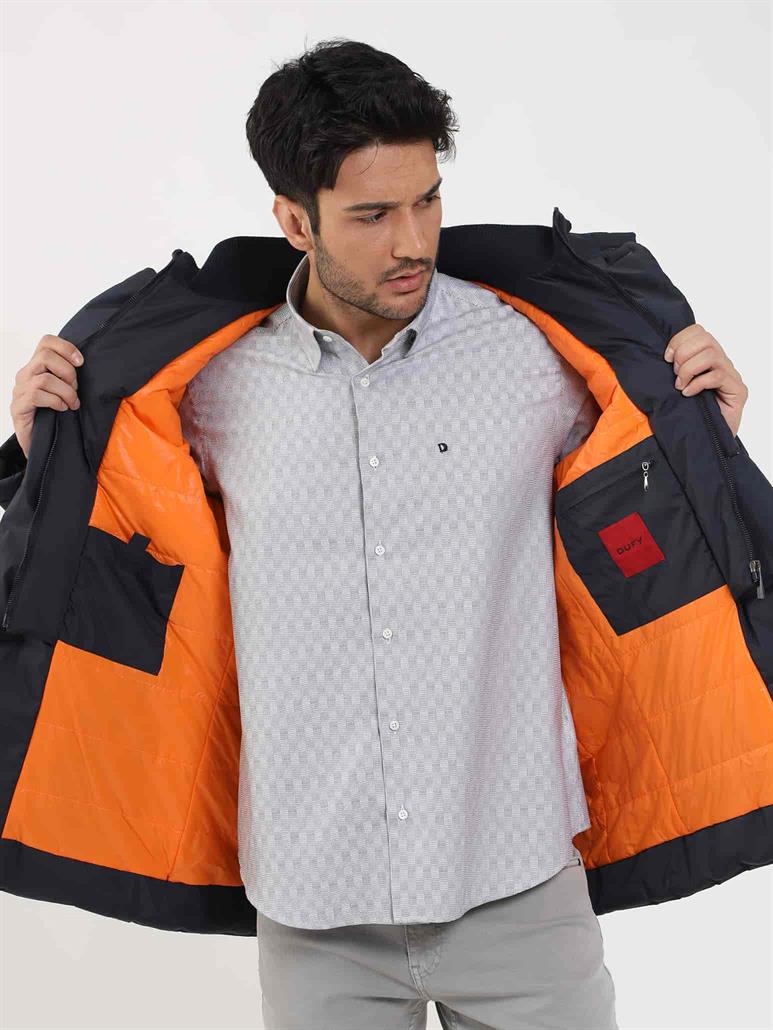 Lacivert Erkek Regular Fit Düz Kapüşonlu Şişme Mont 