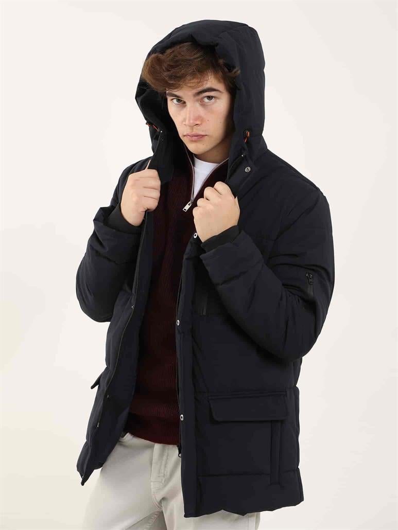 Lacivert Erkek Regular Fit Düz  Kapüşonlu Mont 