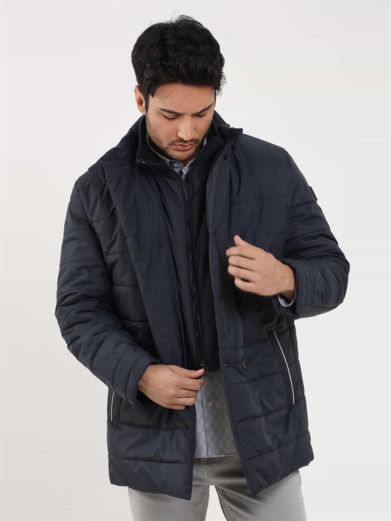 Lacivert Erkek Regular Fit Düz Kapüşonlu Şişme Mont 