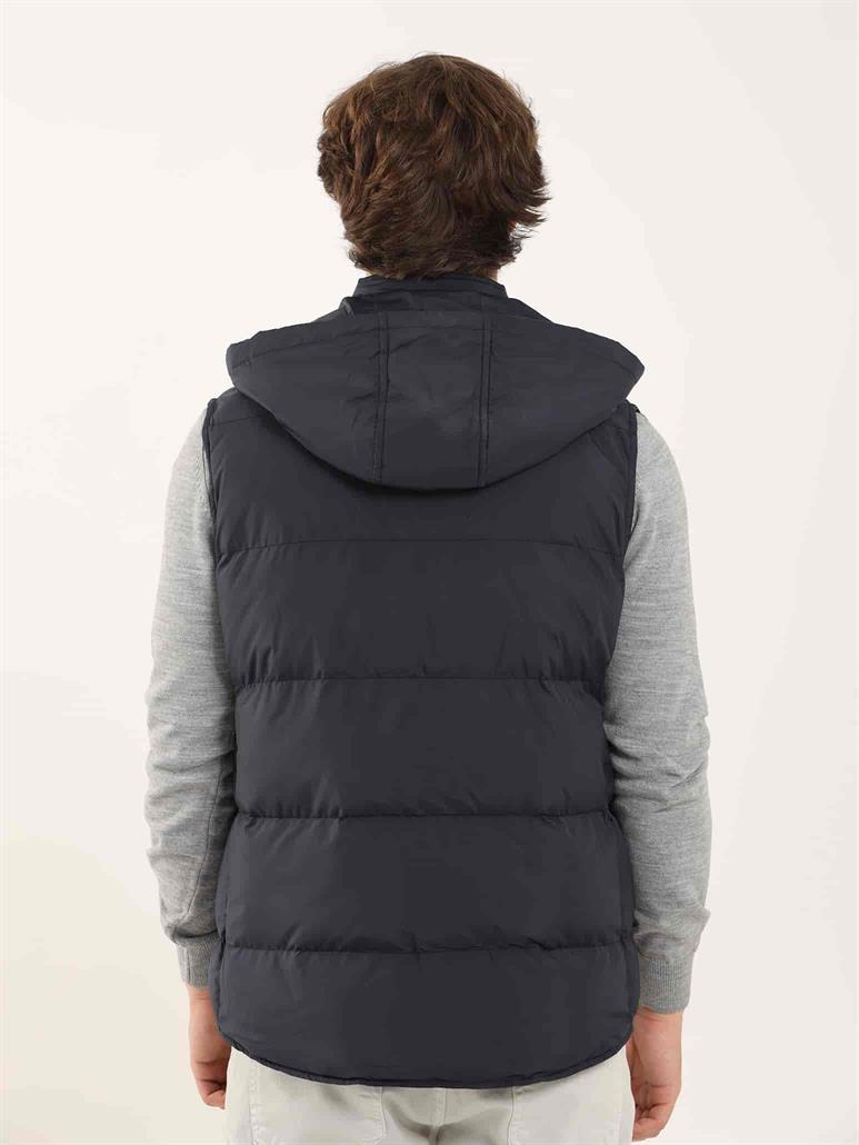 Lacivert Erkek Regular Fit Düz Kapüşolu Yelek Mont 