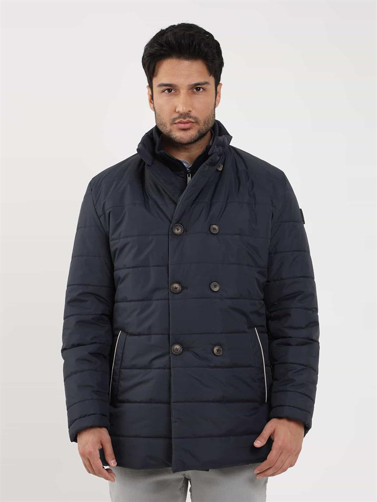 Lacivert Erkek Regular Fit Düz Kapüşonlu Şişme Mont 