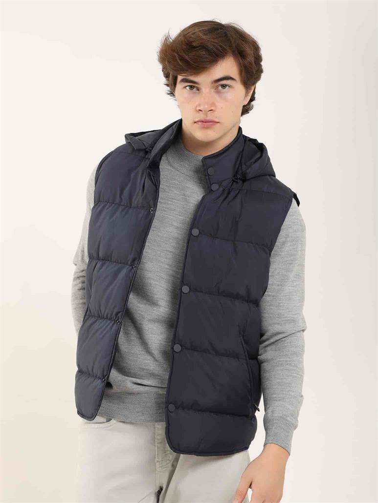 Lacivert Erkek Regular Fit Düz Kapüşolu Yelek Mont 