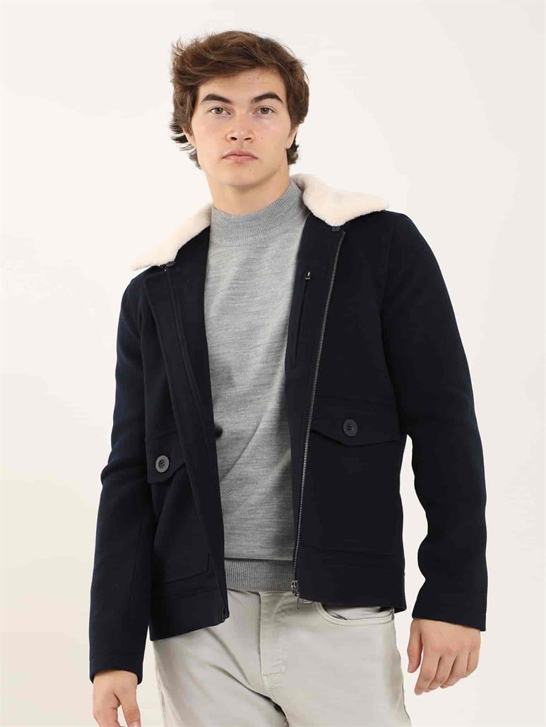 Lacivert Erkek Regular Fit Düz Klasik Kürklü Yaka Kaban 