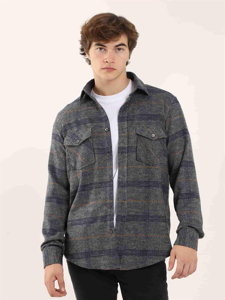 Lacivert Erkek Regular Fit Ekose Desenli Klasik Yaka Uzun Kol Oduncu Gömlek 