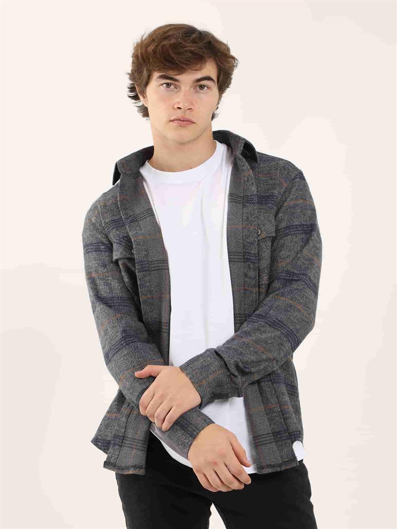 Lacivert Erkek Regular Fit Ekose Desenli Klasik Yaka Uzun Kol Oduncu Gömlek 