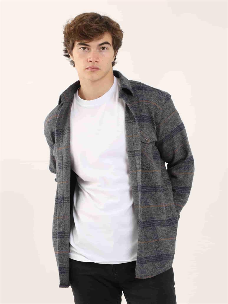 Lacivert Erkek Regular Fit Ekose Desenli Klasik Yaka Uzun Kol Oduncu Gömlek 