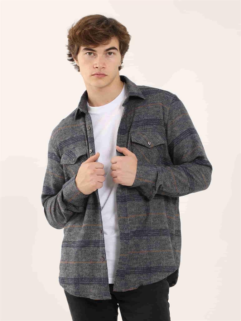 Lacivert Erkek Regular Fit Ekose Desenli Klasik Yaka Uzun Kol Oduncu Gömlek 