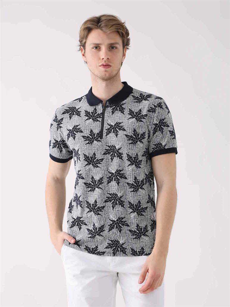 Lacivert Erkek Regular Fit Yaprak Desenli  Polo Yaka T-shirt 