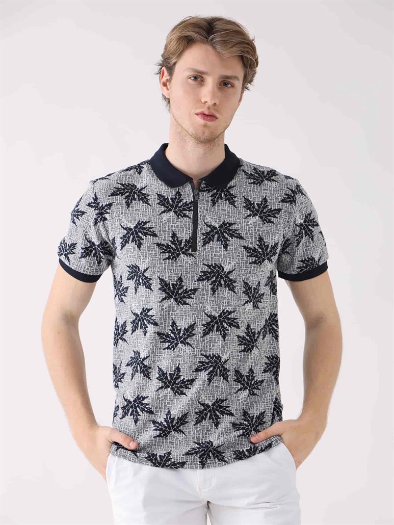 Lacivert Erkek Regular Fit Yaprak Desenli  Polo Yaka T-shirt 