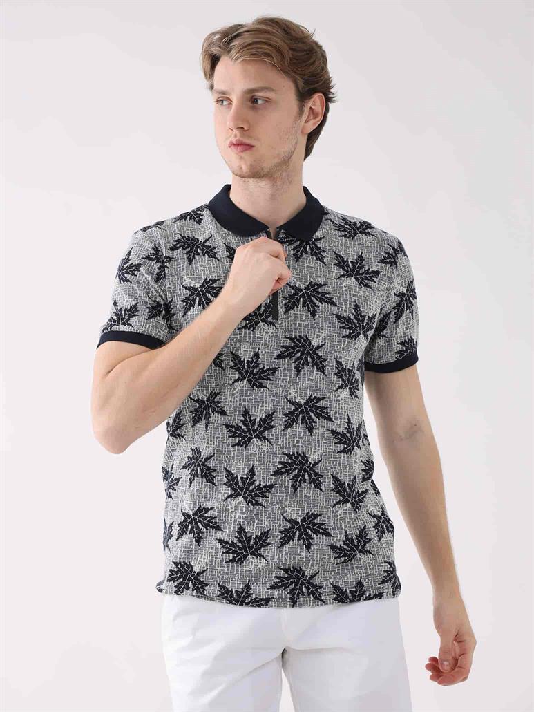 Lacivert Erkek Regular Fit Yaprak Desenli  Polo Yaka T-shirt 
