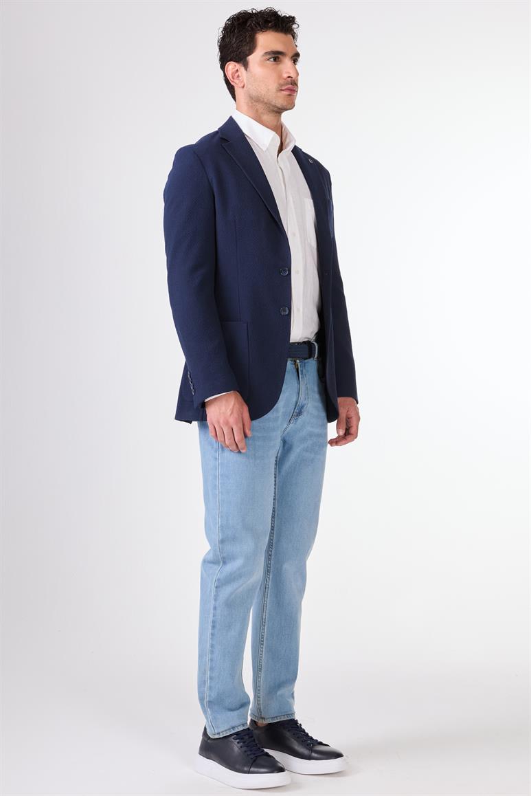 Lacivert Erkek Slim Fit Armürlü Mono Yaka Ceket 