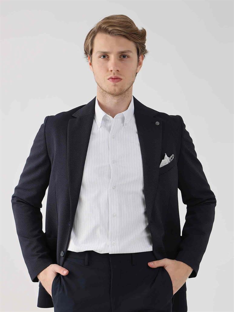 Lacivert Erkek Slim Fit Armürlü  Mono Yaka Ceket 